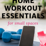 picture of weights and a smartphone with text overlay the best affordable home workout essentials for small spaces