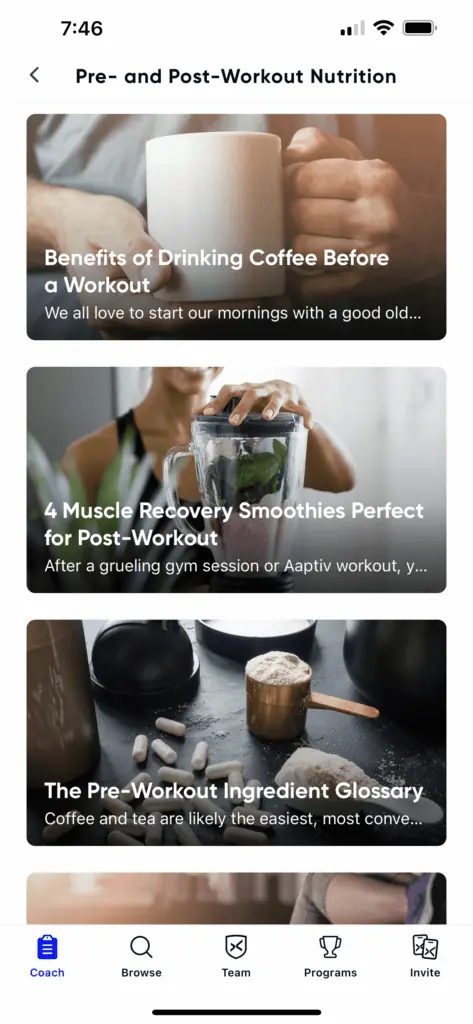 aaptiv app nutrition section