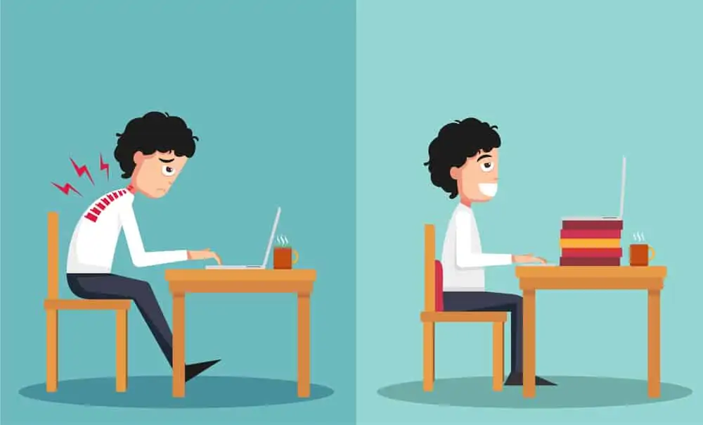 cartoon image of a man working at a computer demonstrating good posture and bad posture