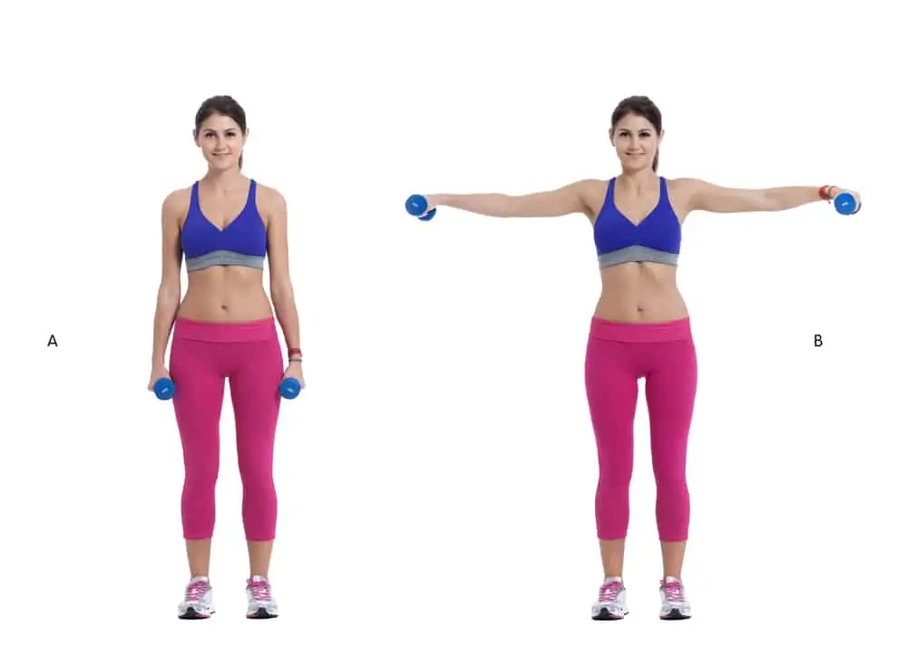woman demonstrating a lateral raise exercises to avoid with a rotator cuff injury